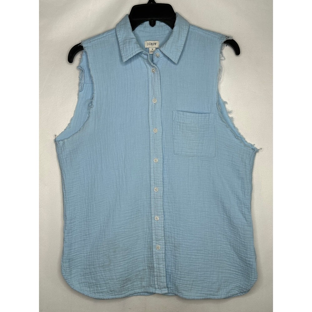 J.Crew Womens Blue Double Gauze Cotton Frayed Sleeveless Button Down Top Size S